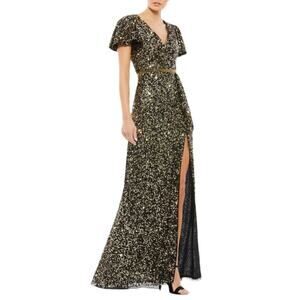 Mac Duggal Black and Gold Sequined Wrap Over Butterfly Sleeve Draped Gown Sz 6